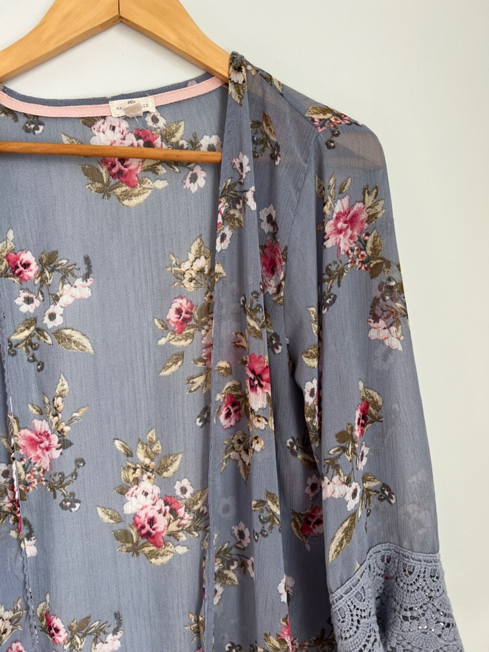 Sheer Floral Kimono Coverup Cardigan Dusty Blue Pink Roses #JFW49245GG Size S - Picture 7 of 17